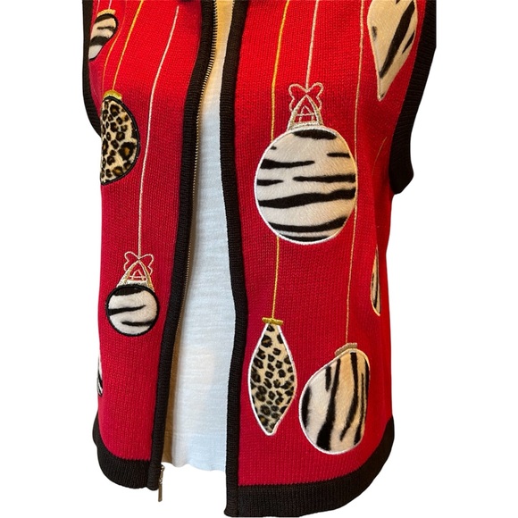 Vintage Festive Red Holiday Christmas Sweater Vest, Animal Print Ornaments, SP - Picture 3 of 9